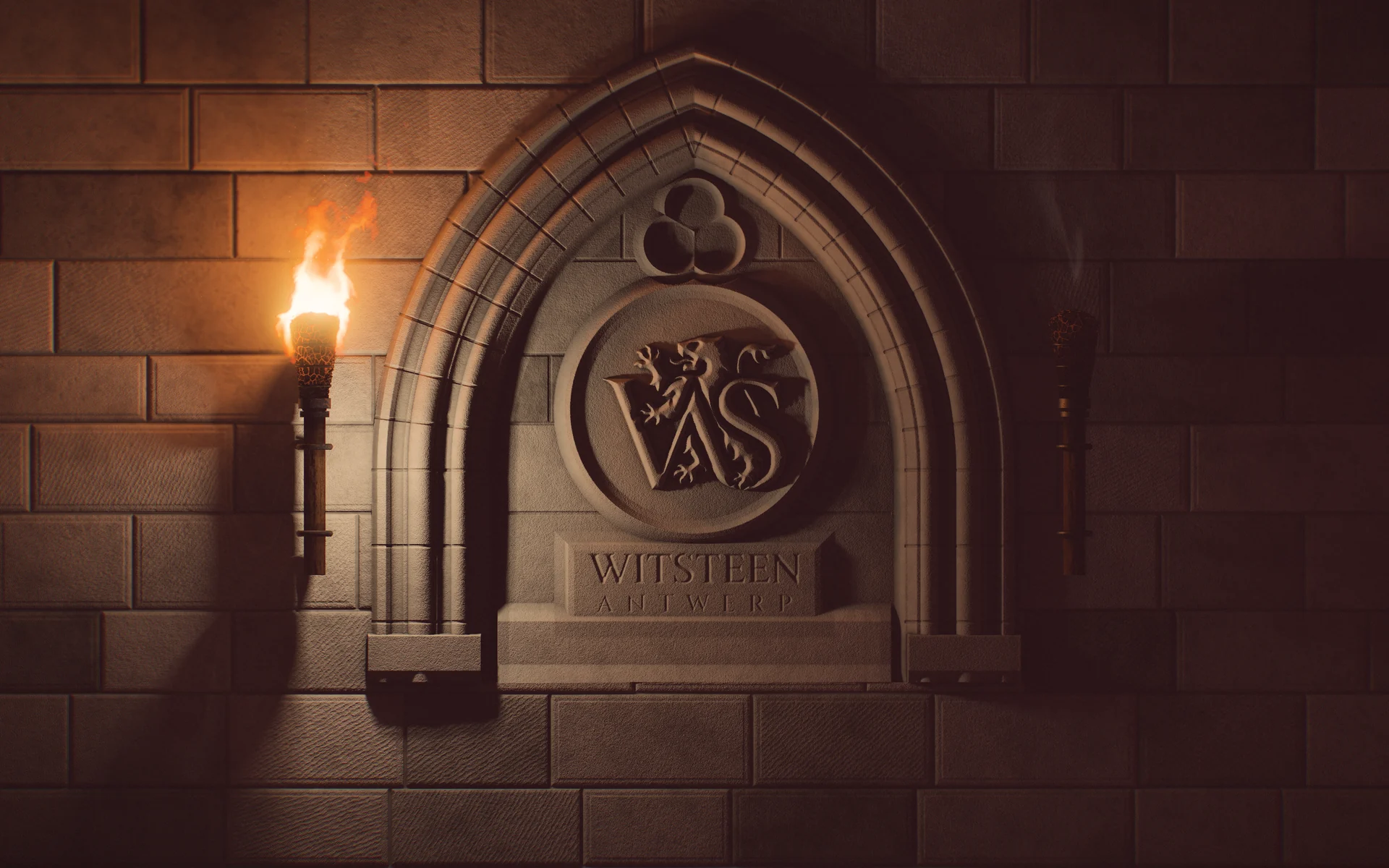 A torch-lit Gothic stone niche in an old wall, the Witsteen lion and W S crest carved in a round medallion above the name Witsteen and the word Antwerp